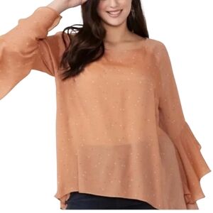 LC Lauren Conrad Women's Long Bell Sleeve Orange Blouse Hi Low Hem Sz 2X